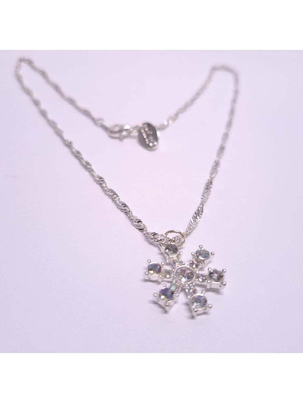 Snowflake Necklace Rhinestone Pendant Charm 15" Water Wave Chain Silver Plated ?